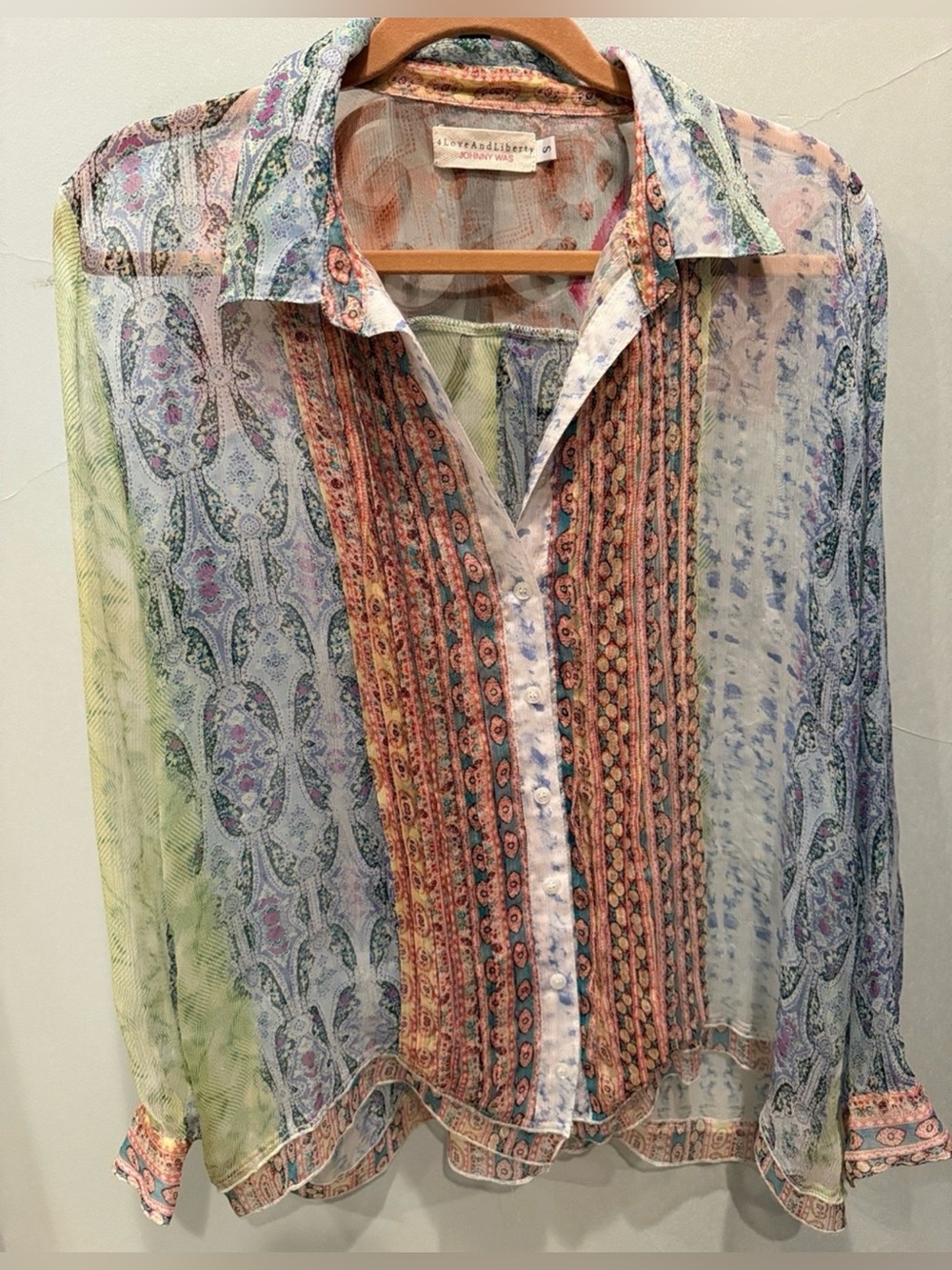 Johnny Was Silk Lightweight Multicolor Printed Button-Up Blouse Size Small